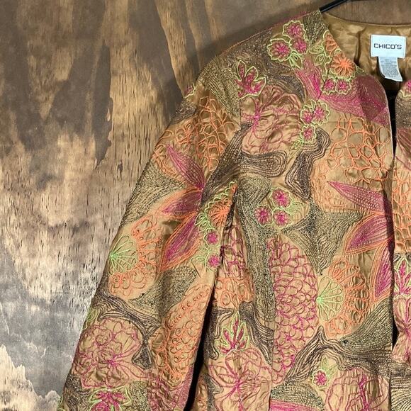 Chicos Womens Jacket Orange Brown Floral Embroidered Hook & Eye Closure 0 (S) - Picture 4 of 11